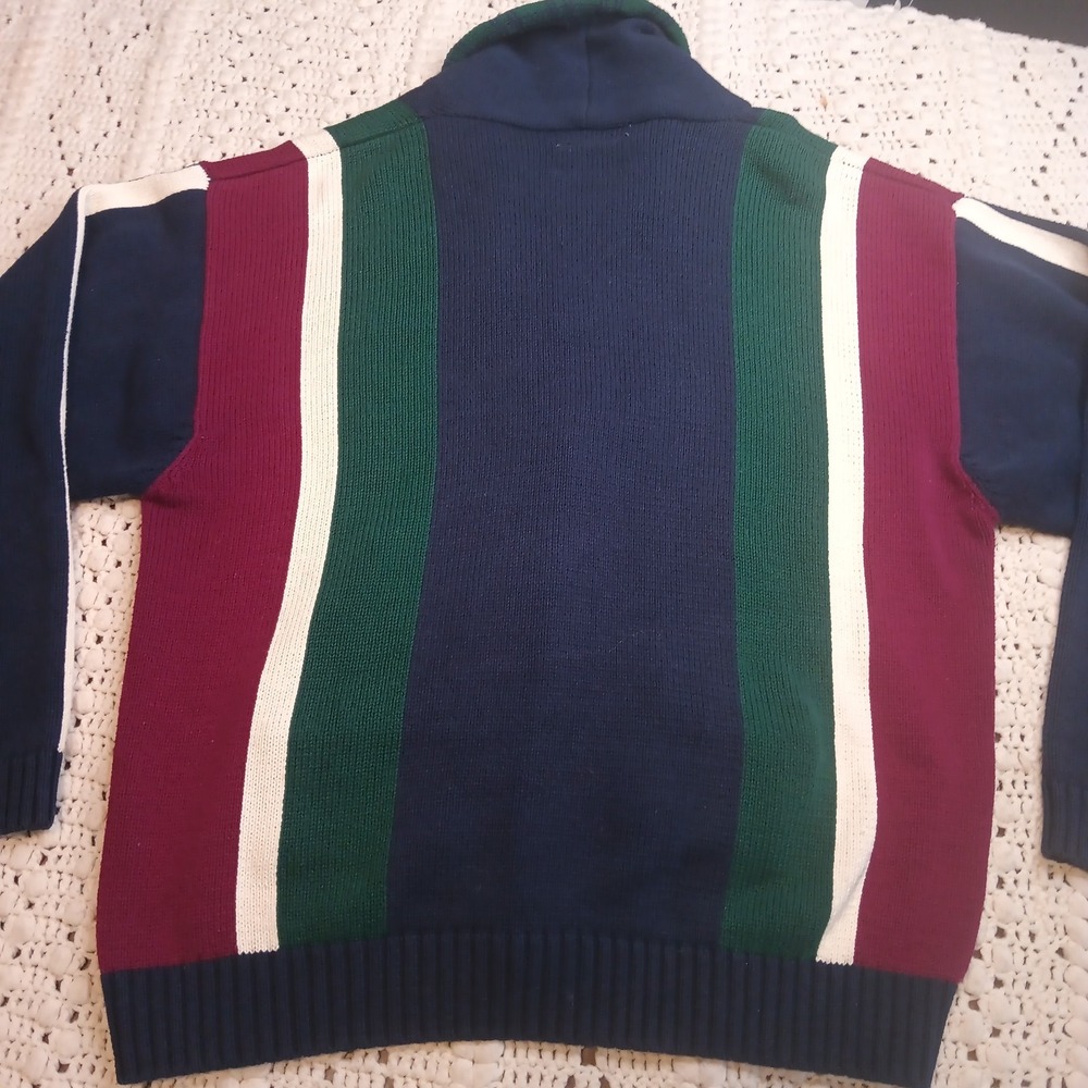 SIEGFRIED Vtg XL Color Block Striped Knit Button Shawl Varsity Crest Sweater - Picture 9 of 12